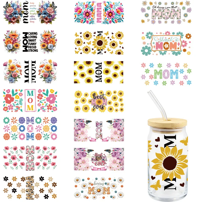 Mother's Day UV DTF Wrap Transfer Stickers Cartoon Flowers Design Waterproof Wrap For Bottles Cups Mugs Decal Custom Logo