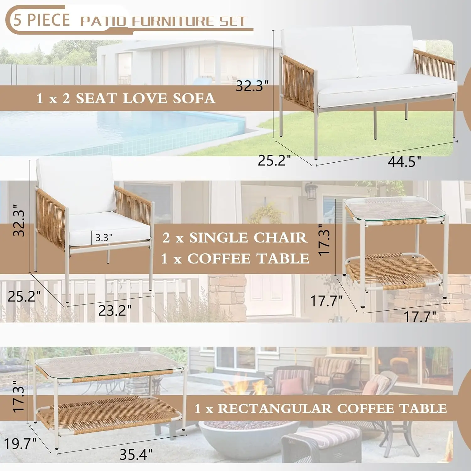 Set di mobili in vimini per Patio da 5 pezzi, Set di conversazione in Rattan per mobili da giardino per esterni, Set di conversazione per tutte le stagioni per il cortile