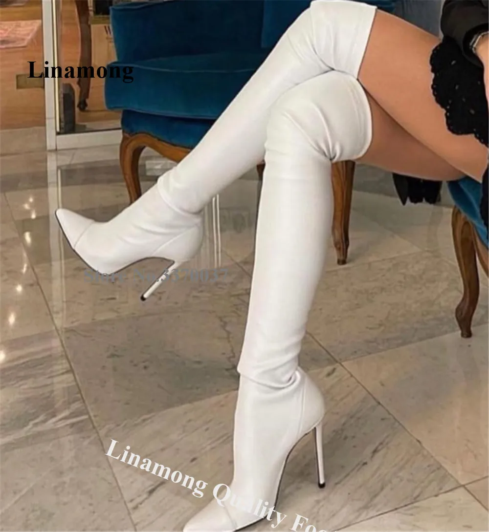Linamong Slim White Beige Matte Leather Stiletto Hee Over Knee Boots Sexy Pointed Toe Slip-on Thin Heel Long Boots