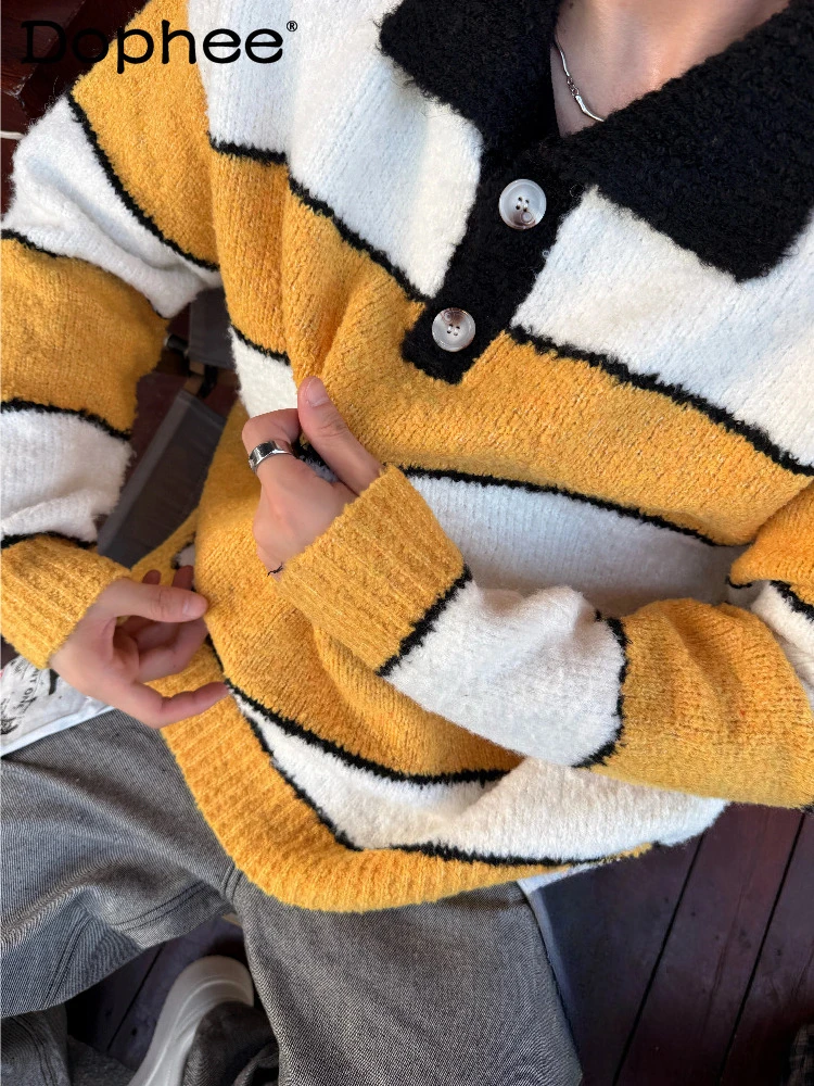 Men's Women's Long Sleeve Sweaters American Style Retro Striped Contrast Color Fashion Polo Collar Sweaters Color Matching Tops