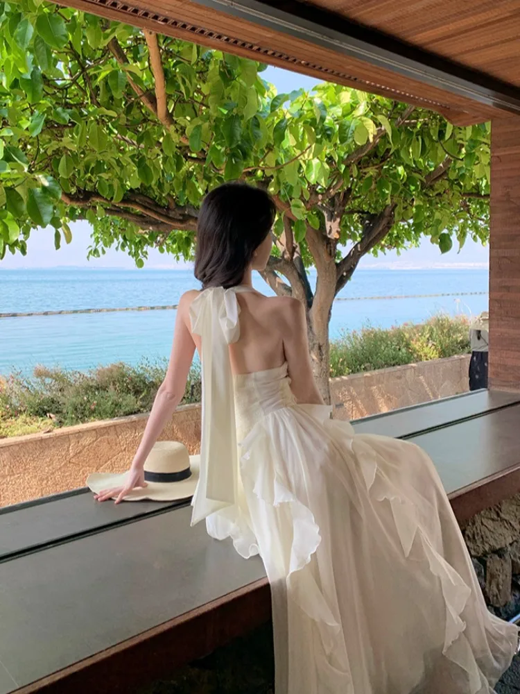 Photo de plage v-ne suspendue Ne Dr fée jupe taille haute gaze Svel vacances d'été Sle jupe de plage pour les femmes