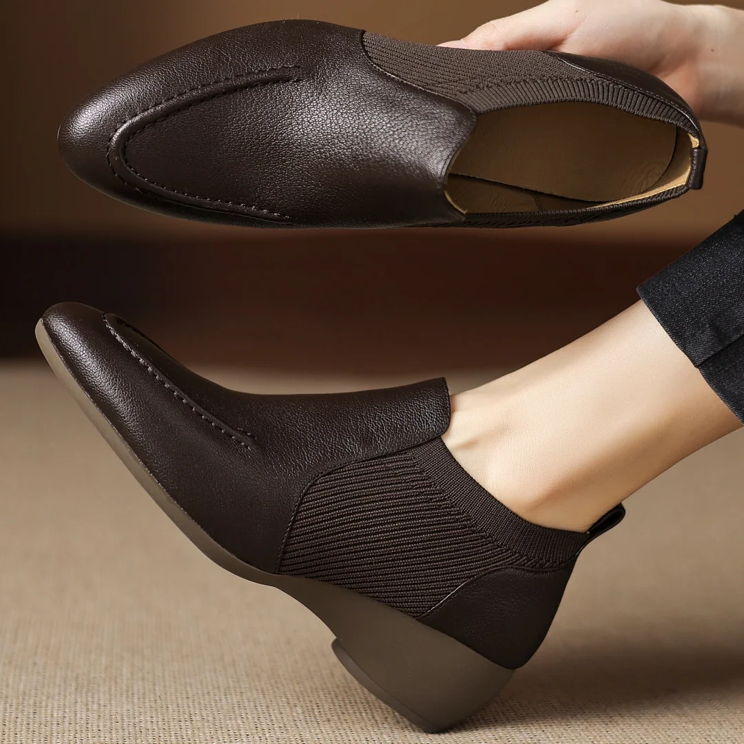 

Women's sheepskin stretch knit patchwork round toe slip-on autumn pumps 4.5cm wedge med heel casual OL style soft heels shoes