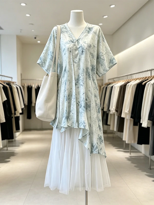 

Large Size Women's Summer Tie Dye Dress Mesh Half Skirt Two Piece Set Korean Style Loose Fit Asymmetric Low Waist Long V-Neck
