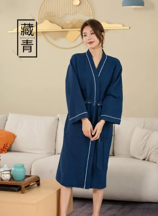 100% Cotton Women's Kimono Bathrobe Men's Waffle Sleepwear Autumn Winter Hotel Robe Water Absorbing Kimono Dressing Gown