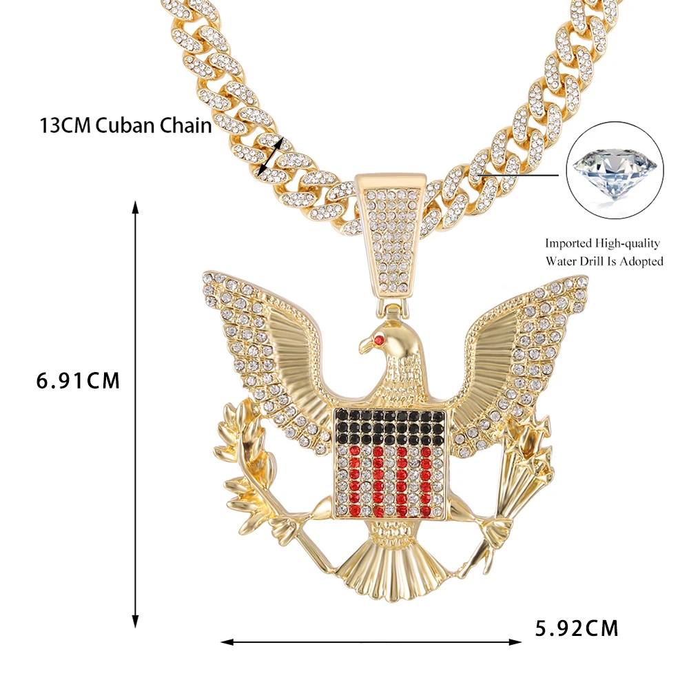 Bald Eagle badge necklace&Pendant Charm Animal Chain Necklace Gold color Iced Out Crystal Cuban chain Men Hip Hop Jewelry gift