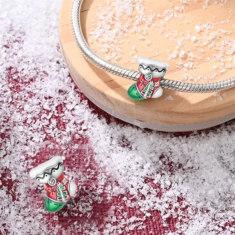 

925 Sterling Silver Fun Christmas Stocking Charms Beads For Women Fit Original Bracelet DIY Birthday Party Jewelry Gifts