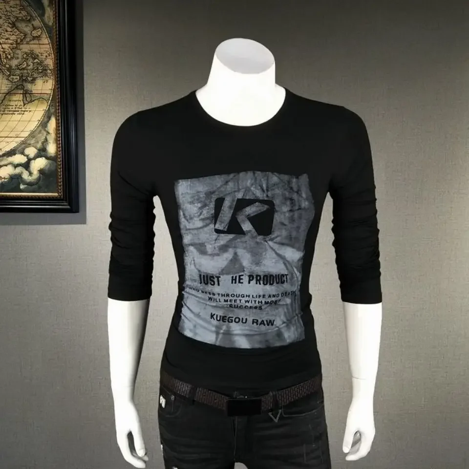 Korean Autumn Man Pullovers Tight T Shirt for Men Long Sleeve Slim Fit One Piece 90s Vintage Sweatshirts Tshirt Social Aesthetic image 2