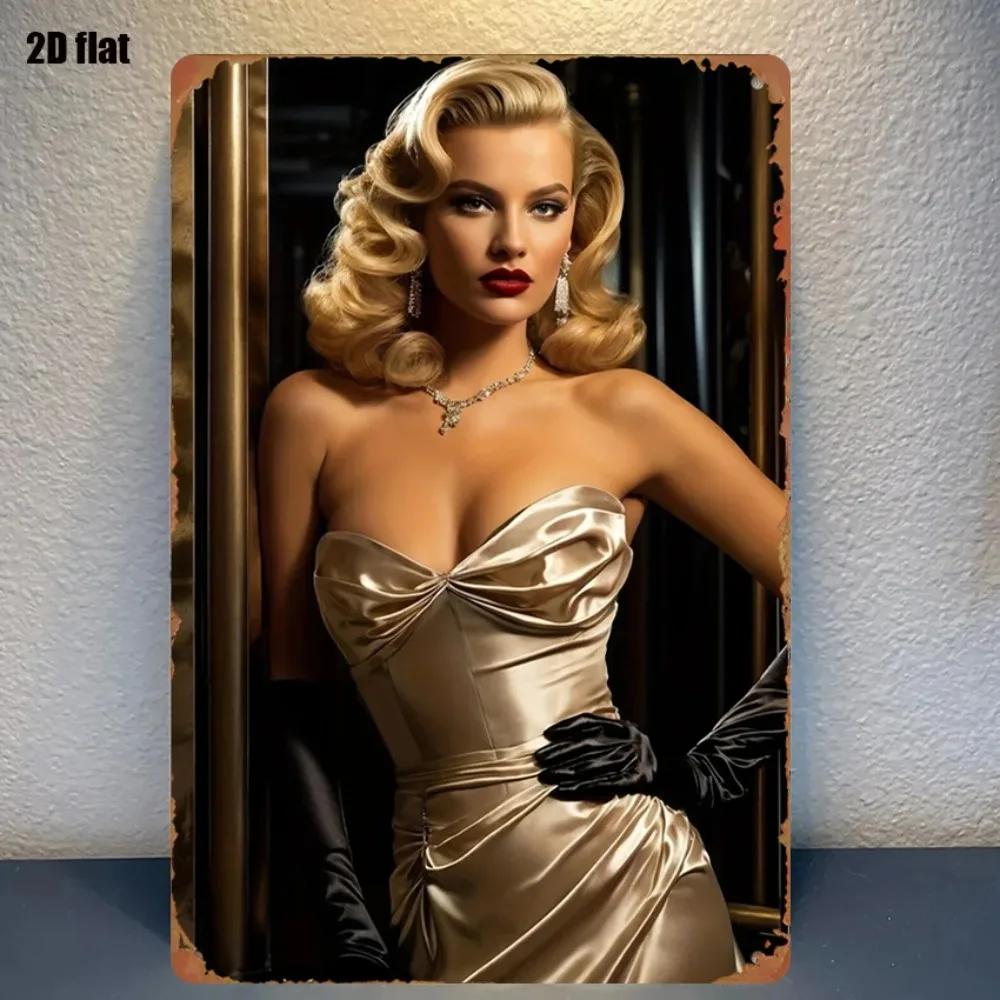 

Vintage Metal Wall Art Plaque Retro Woman Portrait Decor 8x12 Inch Golden Home Theater Sign