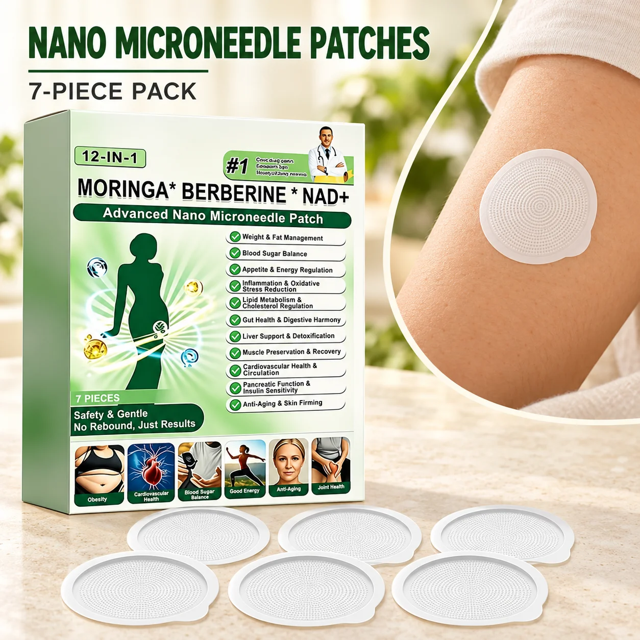 Moringa Berberine NAD+ Nano Microneedle Patch 12 in 1 Botanical Blend Portable Individually Wrapped Patches for Daily Routine