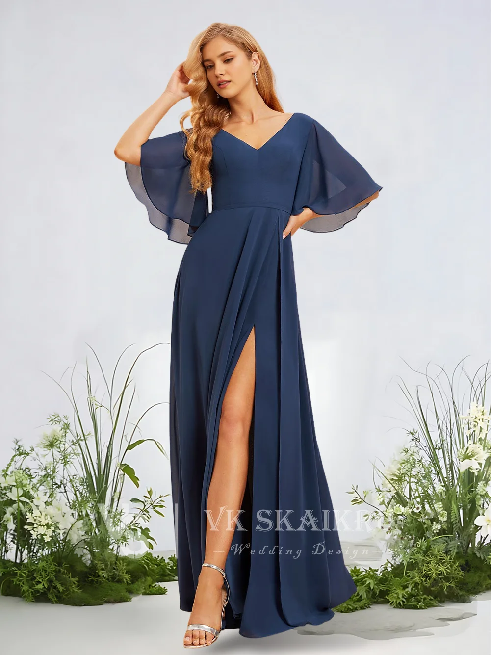 

A Navy Blue Bridesmaid Dresses Luxury V-Neck Floor-Length Chiffon Wedding Party Dress With Leg Slit Elegant Evening Gown 2025