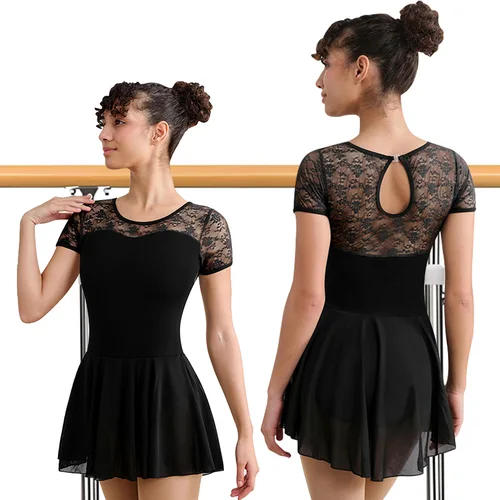 Vestido de encaje de manga corta para mujer, leotardos de baile de Ballet para adultos, Tops de gimnasia con espalda hueca en forma de gota de agua y forro suave