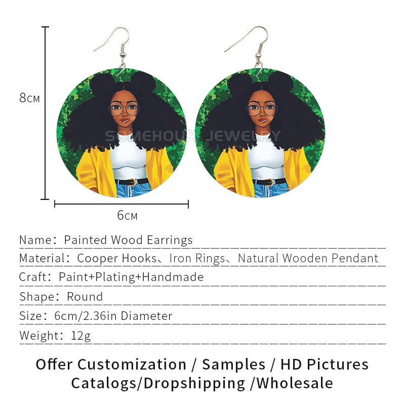 SOMEHOUR Afro Curly Cute Girls Printing African Wooden Drop Earrings Lovely Black Baby Arts Loops Pendant Wood Dangle Jewelry