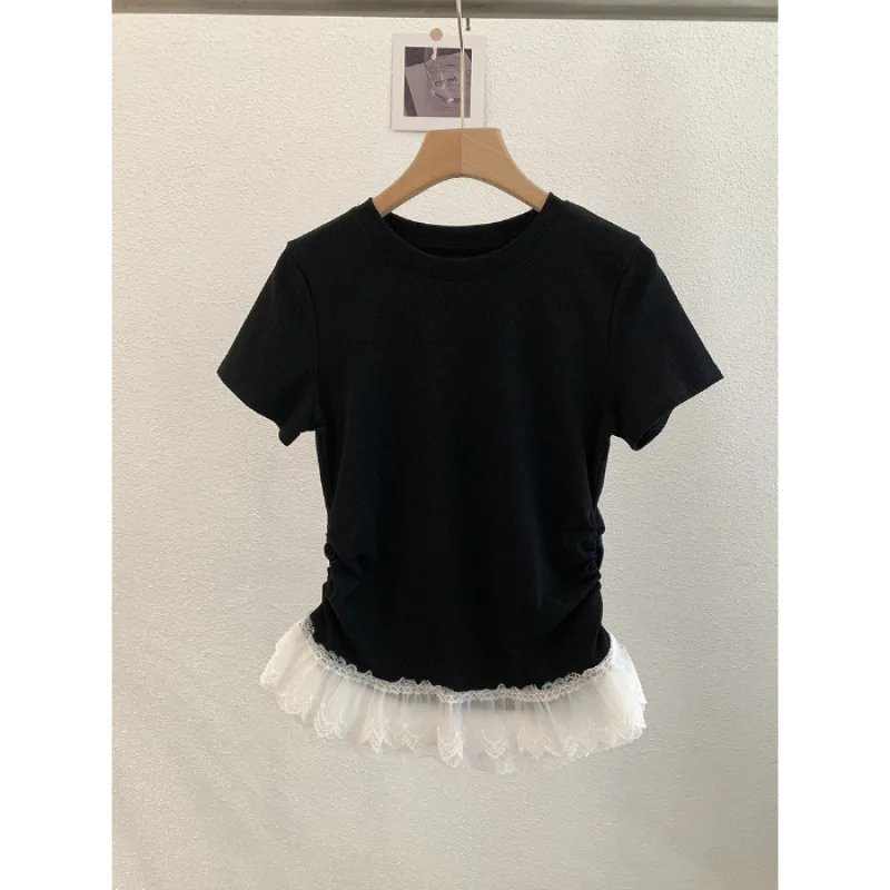 Women T-Shirt with Lace Trim Hem and Side Ruched Detail Slim Fit Round Neck Short Sleeve Casual Top