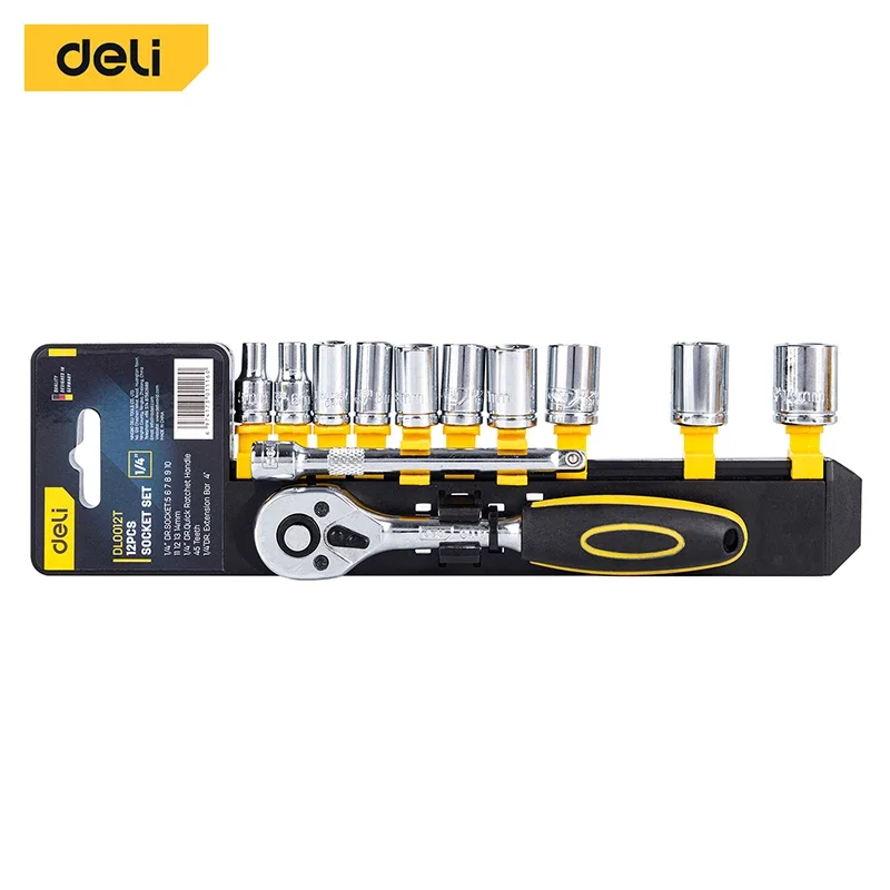 Deli 12pcs Socket Ratchet Handle Wrench Set 1/4 Spanner Kit With Extension Rod and 10 Common Sockets Car Repair Hand Tools