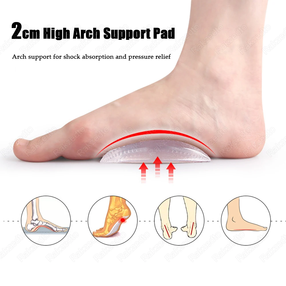 Silicone High Arch Insoles for Man Woman Orthopedic Plantar Fasciitis Flat Foot Arch Support Insoles Gel Self-adhesive Foot Pads