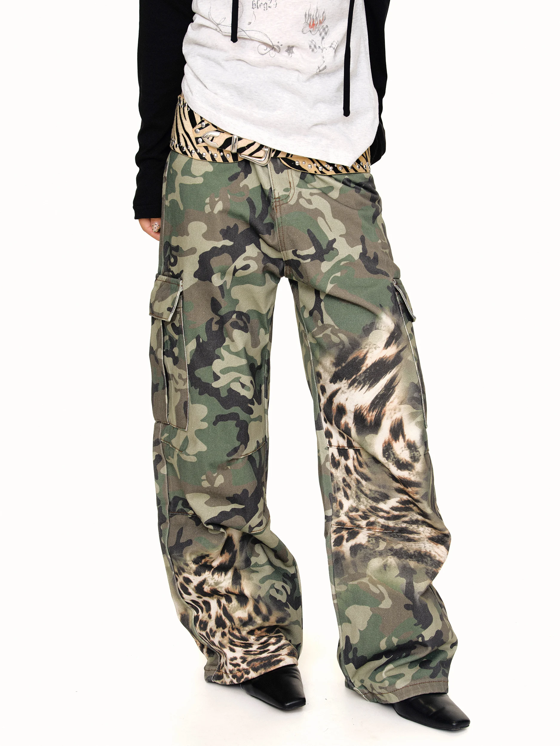 Casual Camouflage Patchwork Multi-Pocket Straight Leg Workwear Pants American Loose Versatile Wide Leg Long Trousers