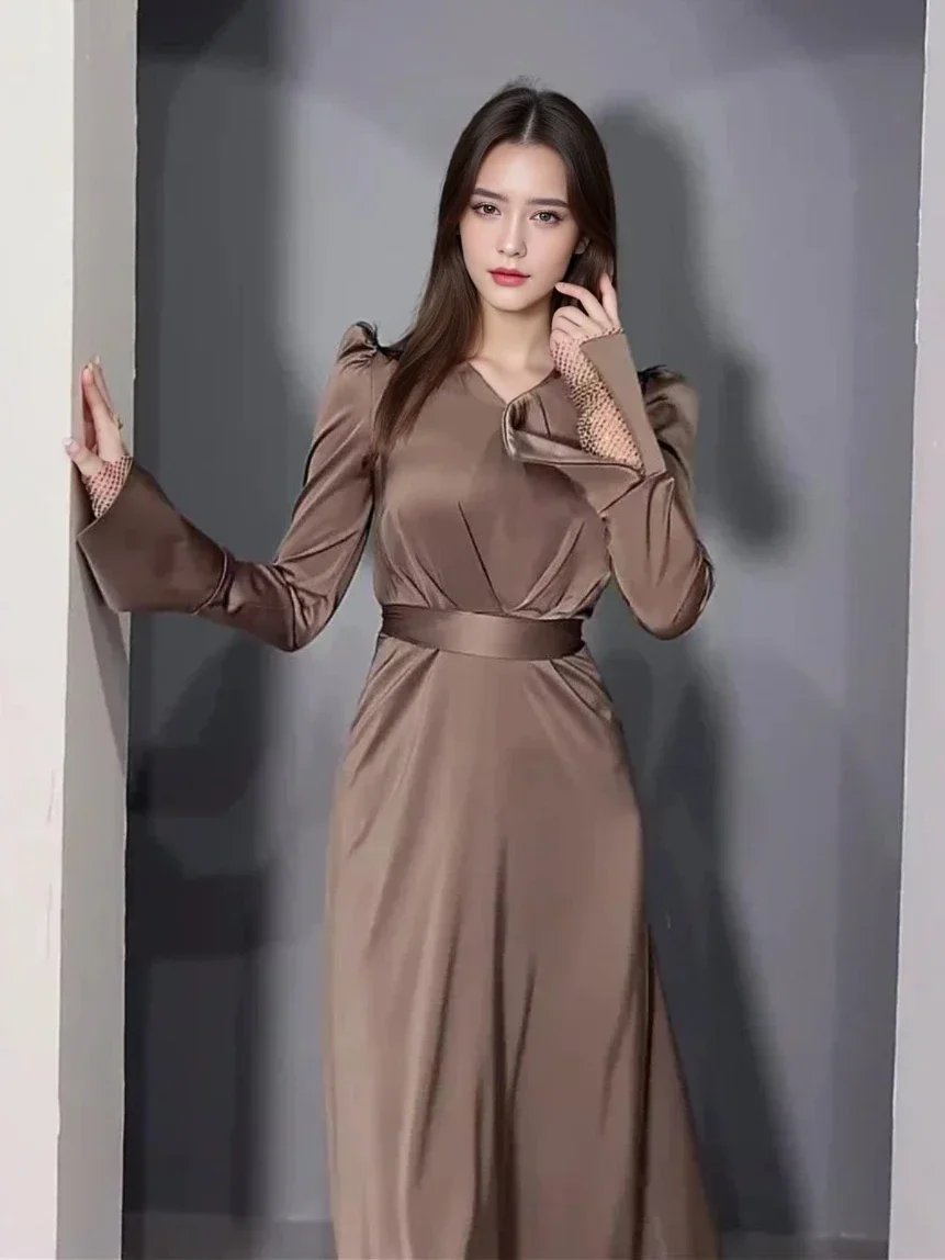 Eid Muslim Dress For Women V Neck Belt Satin Maxi Long Dresses Abaya Ramadan Lace-up Abayas Kaftan Dubai Arab Modest Long Robe 3