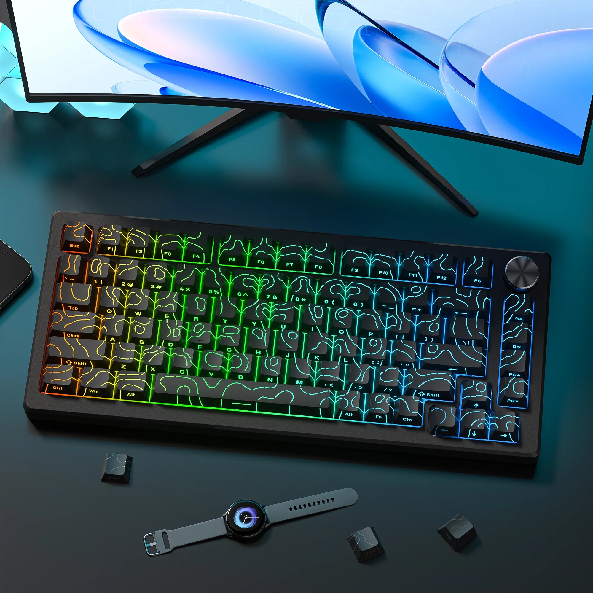 Side Printed RGB Backlit Keycaps Black Double Shot PBT Keycaps Cherry Profile for Cherry MX Switches Mechanical Gaming Keyboard