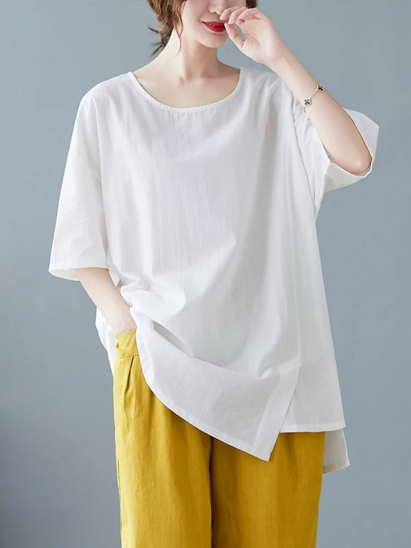 

Slimming Effectiven Large Size Summer Top Women's Cotton Linen Asymmetrical Belly Covering T-irt Artistic Commute Sle