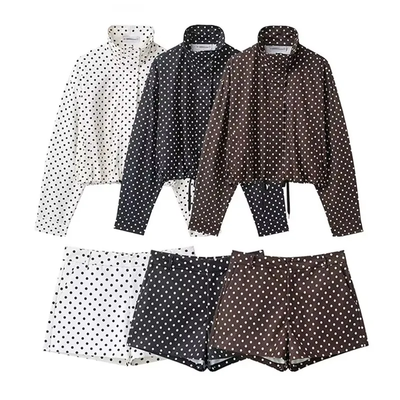 Damen-Set mit Polka Dots, 2-teilig, lässig, Stehkragen, langärmliges Crop-Top und Shorts mit hoher Taille, Outfit, Frühlingsmode, Streetwear – Detail 3