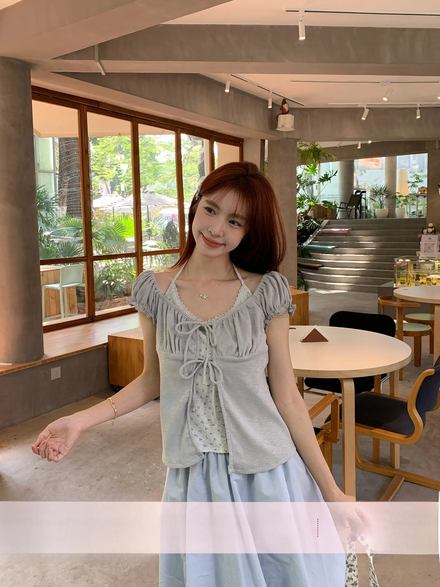 

Morning Bloom Women's Short Sleeve T-Shirt Summer Korean Style Sweet Floral Tie Neck Puff Sleeve Top Breathable Comfortable