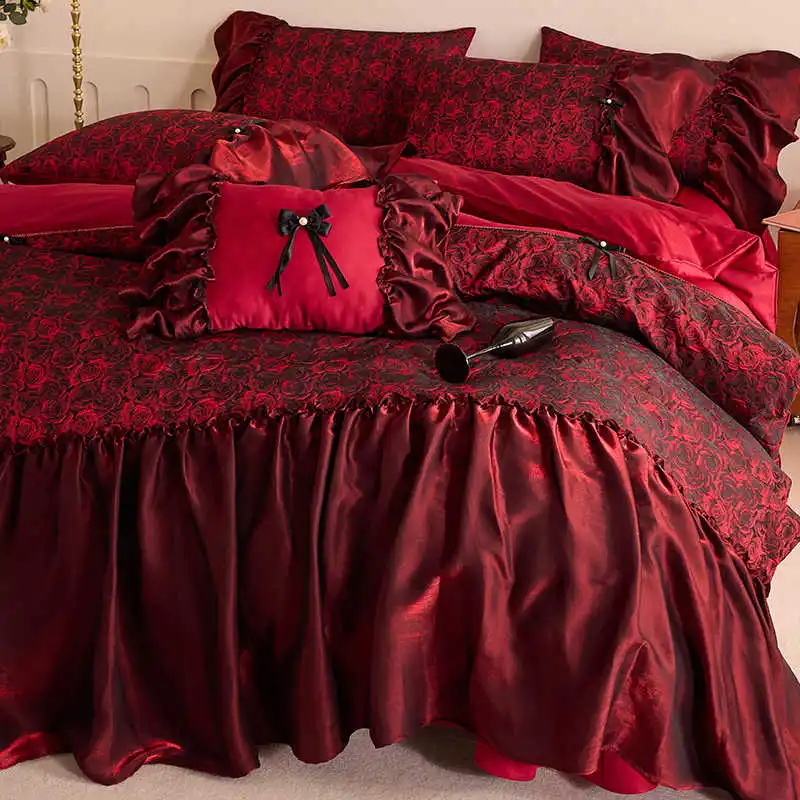 High-end Gift for Wedding, Cotton Rose Jacquard Bedding Set,Retro Princess Style Wine Red Four Piece with Skirt Lace Ruffles