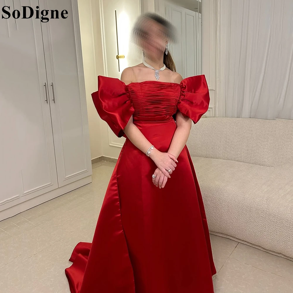 SoDigne Elegant Red Satin Evening Dresses A-Line Off Shoulder Draped Bow Party Dress 2025 Saudi Arabia Prom Gowns Customized
