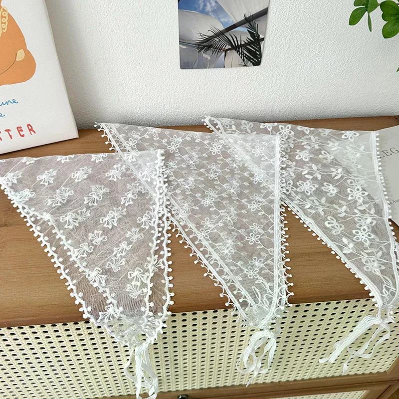 White Woven Lace Hair Turban Wearable Blanket Sweet Ladies Triangle Scarf Bohemian Lace Travel Headband Decoration