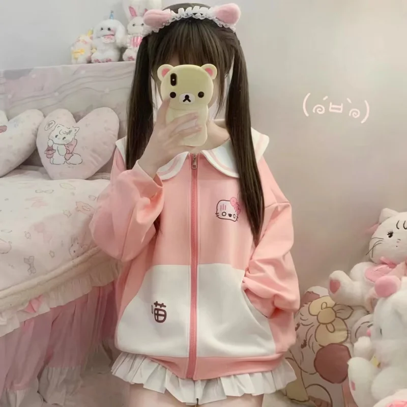 

2025 New Thin navy collar bear ear zipper coat spring summer day cute soft sister casual long-sleeved hoodie female stude QIQ31