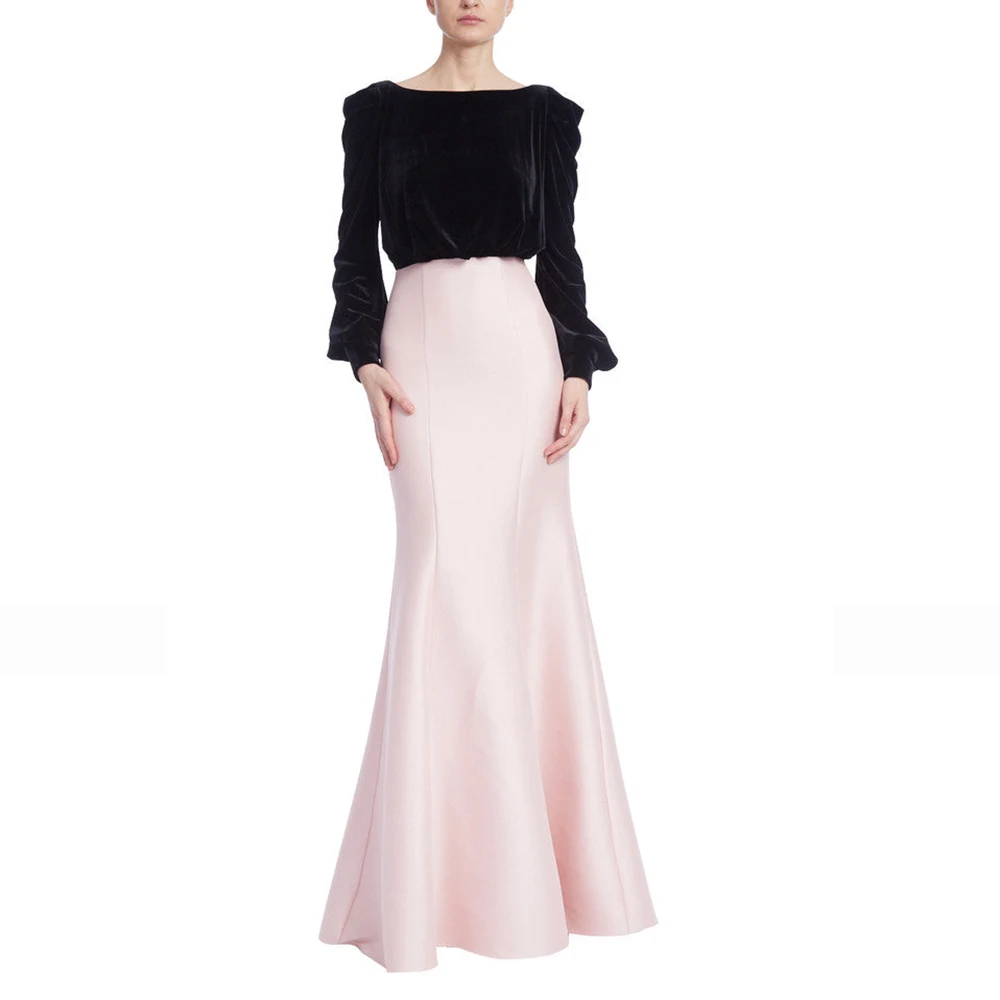 

Women's Evening Dresses Mermaid Satin Velvet Long Sleeves Boat Neck Trumpet Evening Gowns Long Backless Bow Elegant Prom Dresses