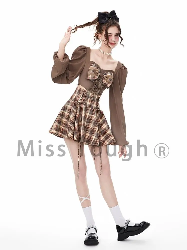 Korean Style Sweet Two Piece Set Women Bow Elegant Plaid Skirt Suit Autumn 2022 Long Sleeve Blouse + Japanese Party Mini Skirt