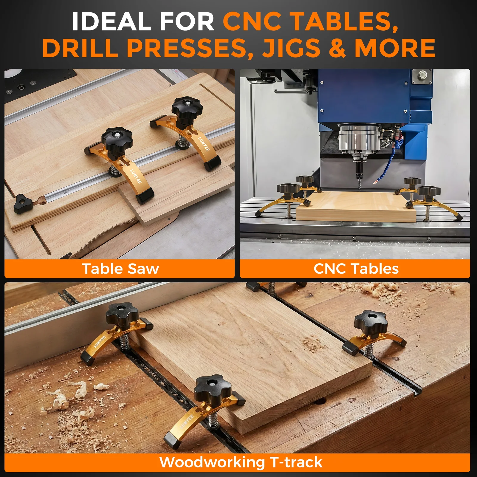 T-Track Hold Down Clamps, 4 Pack Extended 5-3/8" T Slot Clamp Set for CNC Router and Woodworking, Adjustable Hold Down Clamp view 5