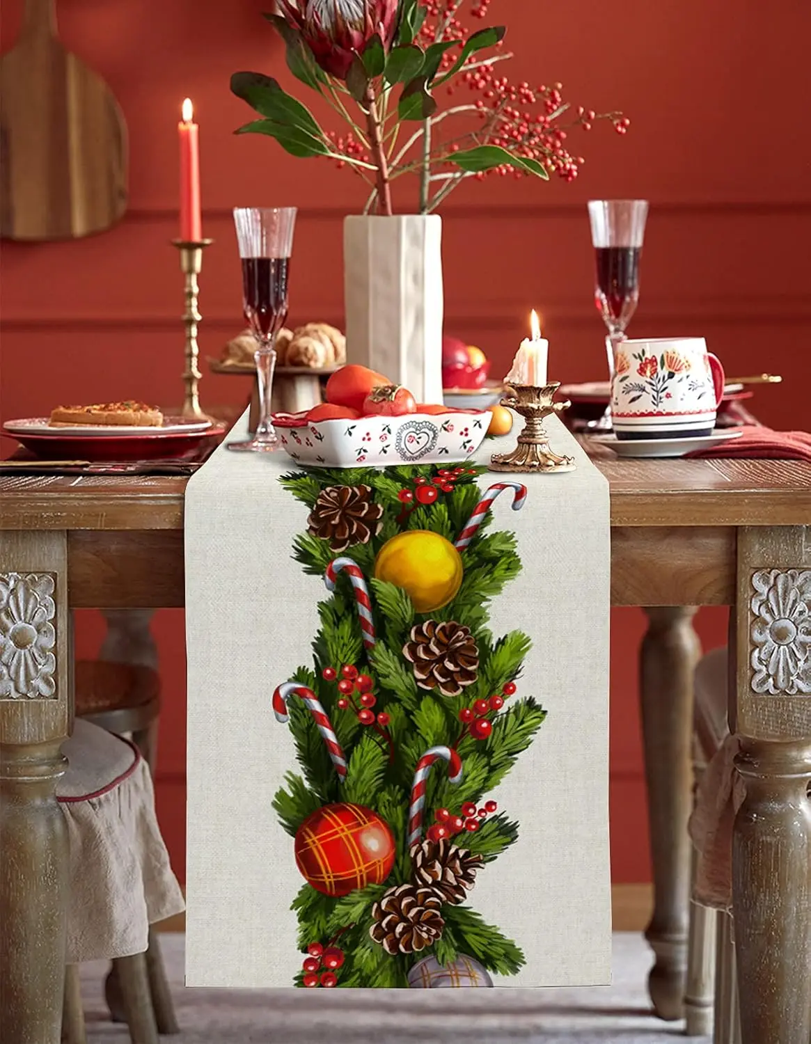 Christmas Pine Needles Berries Linen Table Runner Home Party Decor Winter Xmas Balls Kitchen Table Runners Christmas Decorations
