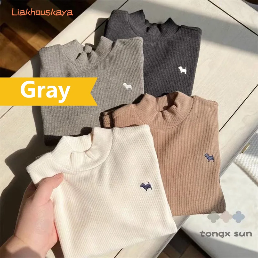 2026 Spring Autumn Kids Dralon Lined Thermal Base Layer Half High Collar Stripe Knit Soft Stretch Warm Undershirt Top For 2-14Y