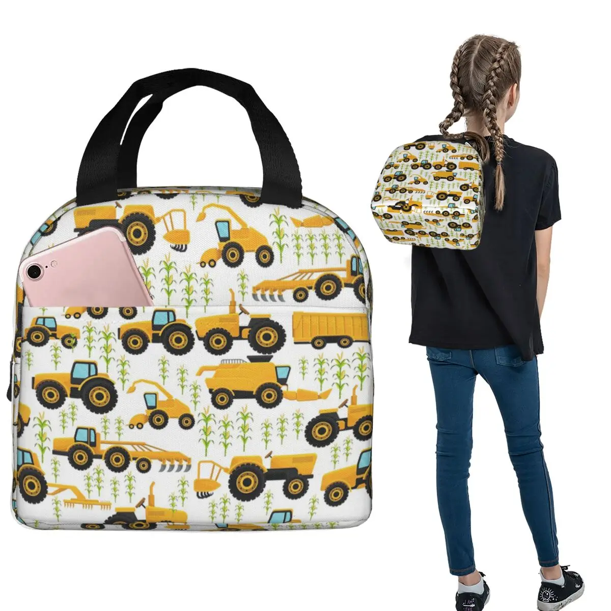 Cartoon Truck Car Tractor Excavator Pattern Insulated Lunch Bag for Women Kids Portable Food Boxes Thermal Lunch Box Tote