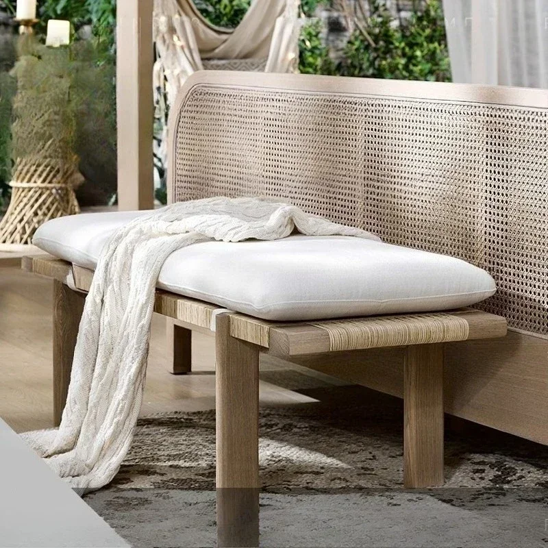 Solid wood rattan bedside stool creative simple fabric bedroom fitting room cotton and linen seat cushion wabi wind