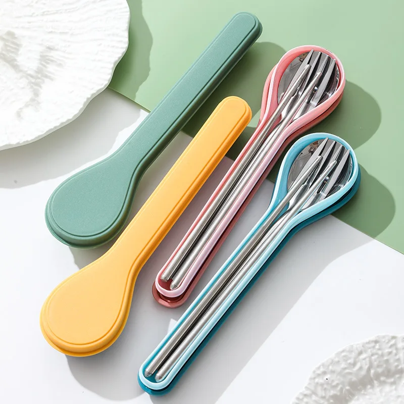 

Tableware Set Stainless Steel Chopsticks Fork Spoon Set Family Travel Camping Portable Cutlery 3 in 1 Dinnerware Set with Case