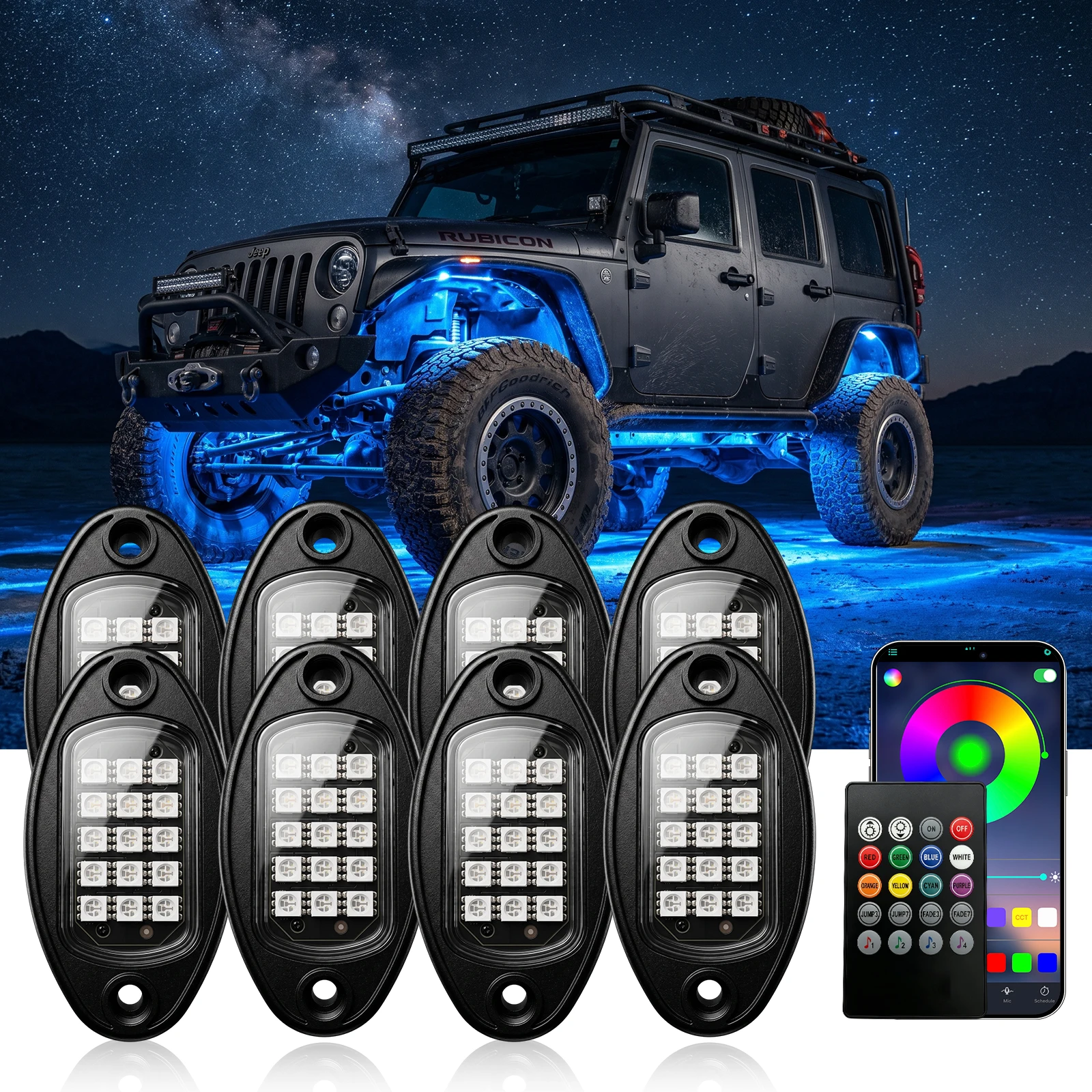 RGB LED Rock Lights Kit with Bluetooth App Control Flashing Music Mic Mode Wheel Well Light for Truck ATV UTV RZR SUV (4/8 Pods)