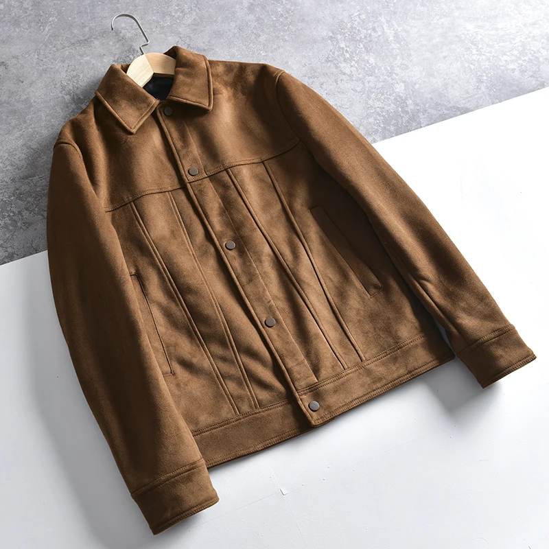 European Style Suede Men's Casual Workwear Jacket Pure Color Collarless Coat Autumn Winter Polyester Fiber Long Sleeve Outfit