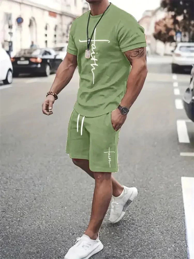 Two Pieces Oversized Outdoor Beach Sports Men's Plus Size Suit Mens T Shirt Shorts Set Fashion Mens Cross Printed Short Sleeve