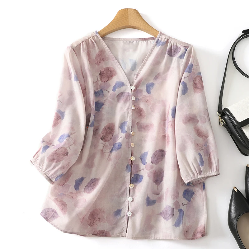 

Женские летние рубашки с v-образным вырезом и цветочным принтом, блузки, винтажный кардиган на пуговицах с короткими рукавами, элегантный женский повседневный свободный хлопковый топ