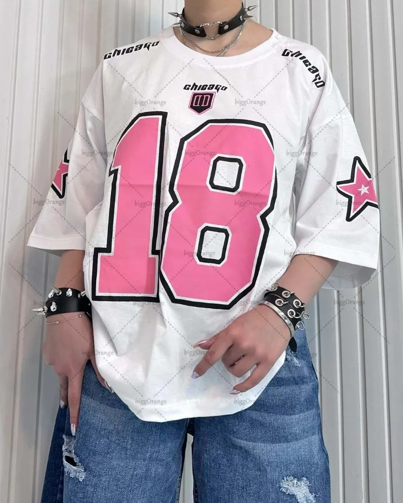 

Y2K Harajuku Digital Printed Jersey Top Hip Hop American Retro Casual Loose Oversized T-shirt Women Goth Trendy Streetwear Tees