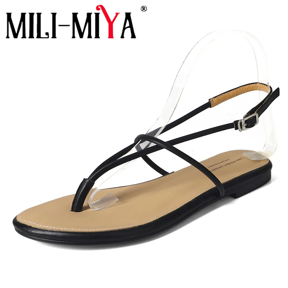 

MILI-MIYA/женская обувь, летние сандалии из натуральной кожи, лаконичные туфли на плоской подошве, сандалии с Т-образным ремешком и пряжкой, женские сандалии ручной работы