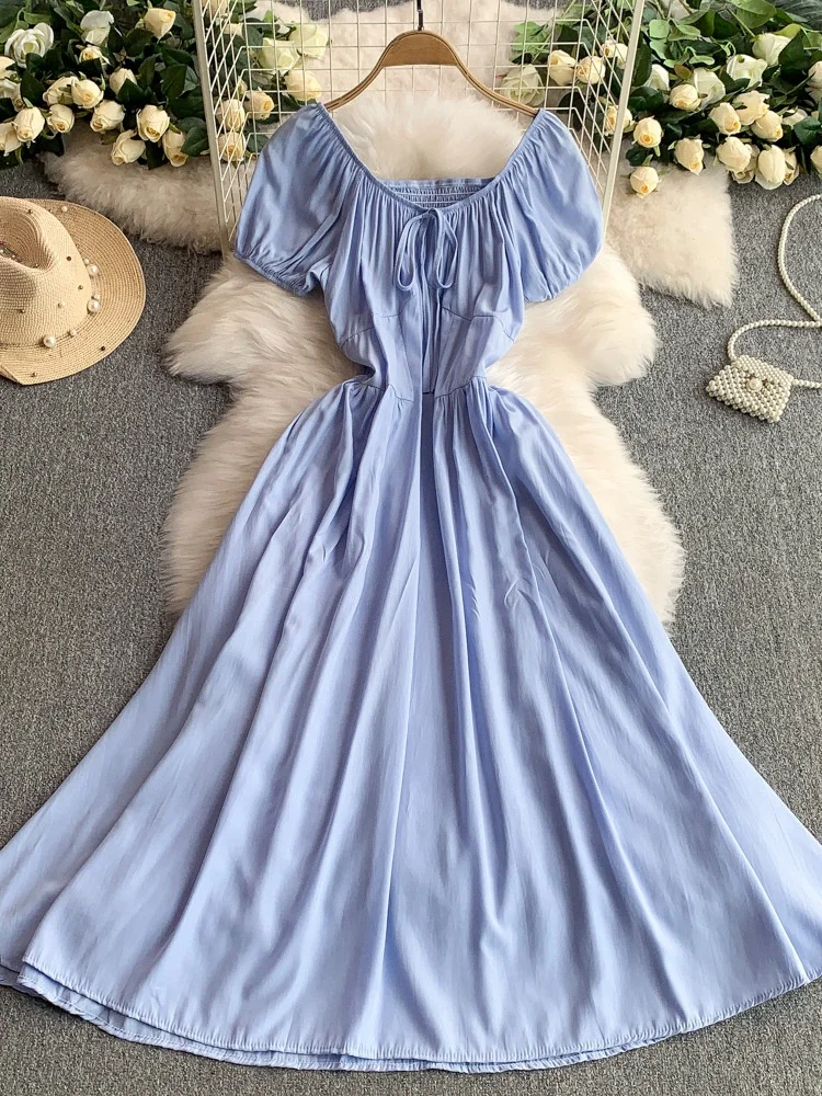 een Elely Tied Square Collar Bubble Sve Dr Women's Summer Pleated Waist Cinching Slimming Maxi Skirt Korean Sle