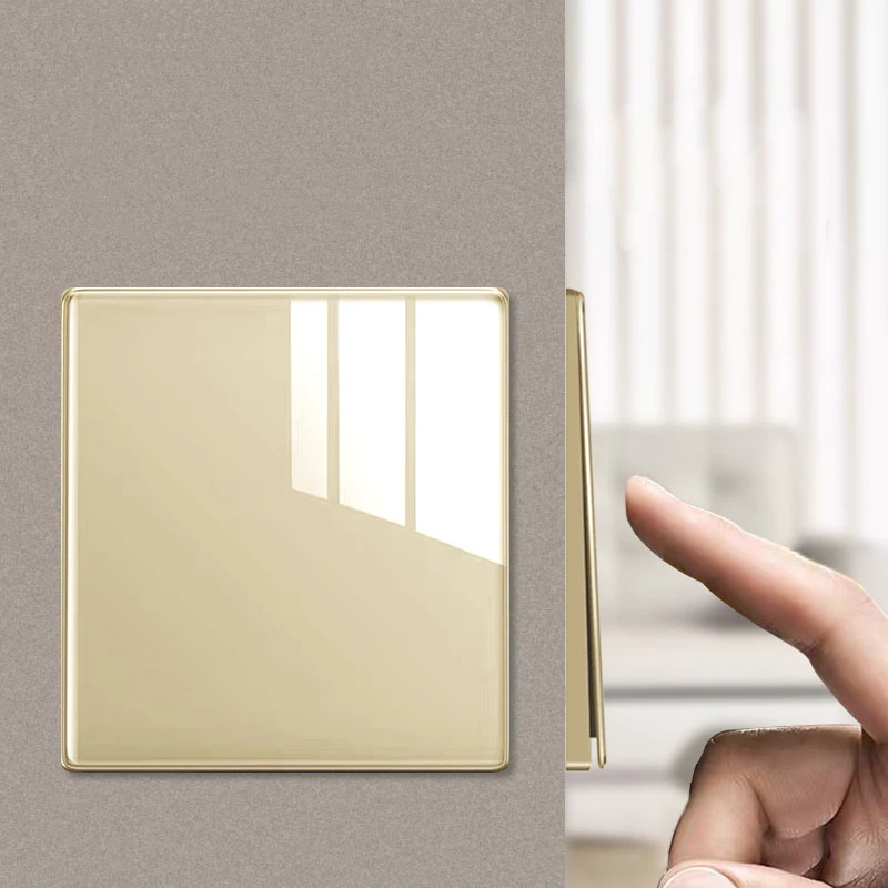 Painel de Vidro Temperado Espelho Dourado Clássico, Série Interruptor Parede, Superfície Curvada Ultrathin, 1 Gang, 2 Gang, 3 Gang, 4Gang, 86x86mm, Popular, Novo