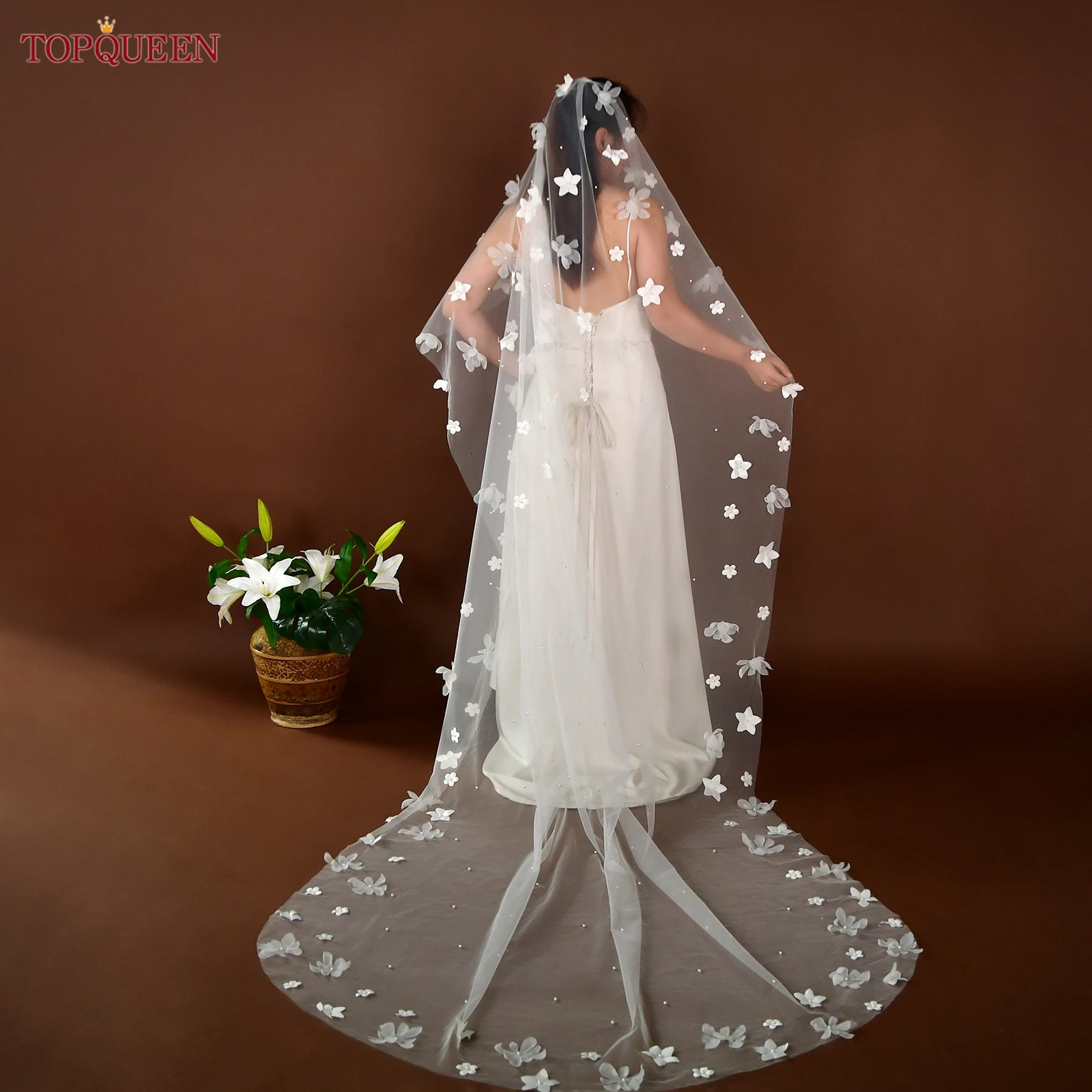TOPQUEEN الزفاف الحجاب الزفاف ثلاثية الأبعاد زهرة الحجاب اللؤلؤ زين لينة كاتدرائية طبقة واحدة اكسسوارات الزفاف للتخصيص V243