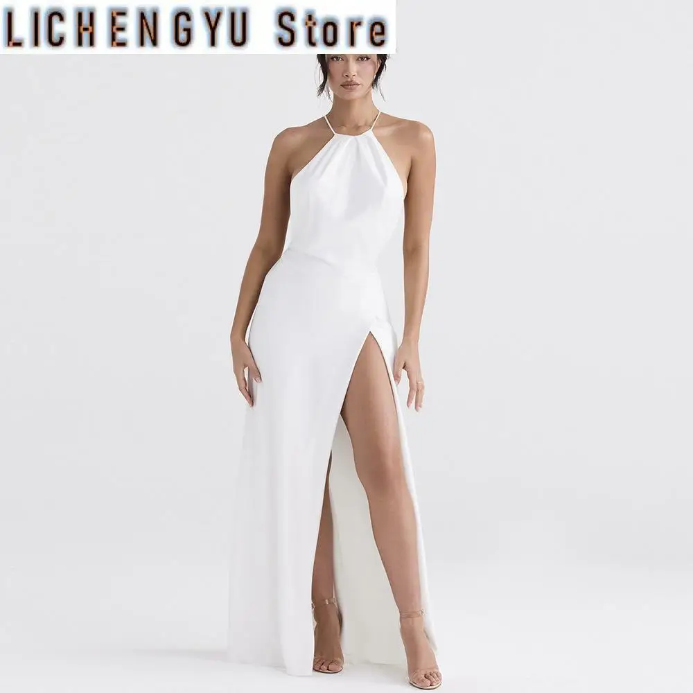 Maxi vestido blanco con espalda descubierta para mujer, Sexy para fiestas de baile de satén vestidos de noche, vestidos con cordones forrados, nuevo