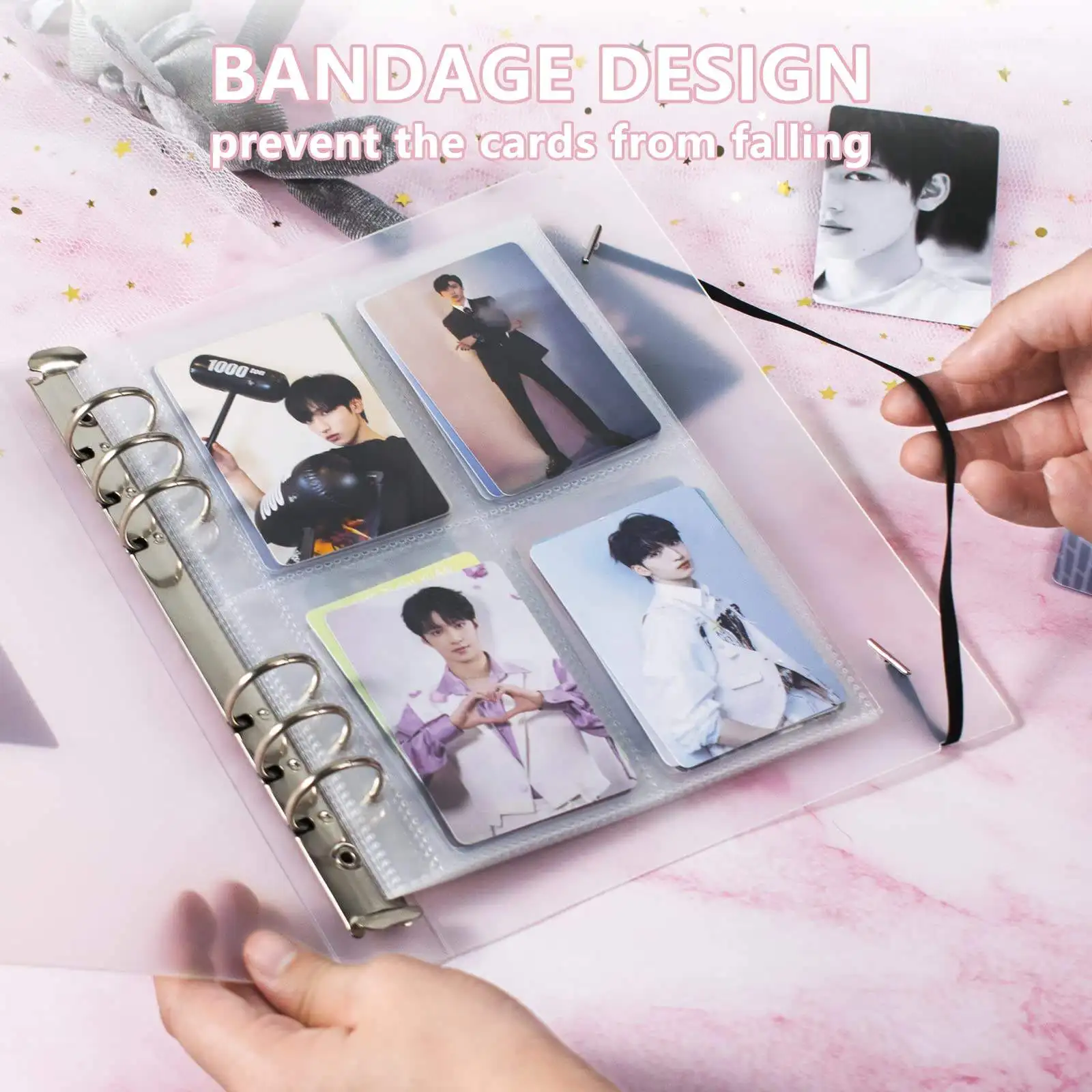 A5 Kpop Photocard Binder Cover Card Binder 6-Ring Refill Pages Binder Sleeves Double-Sided Refillable Loose Leaf PP Photo Album
