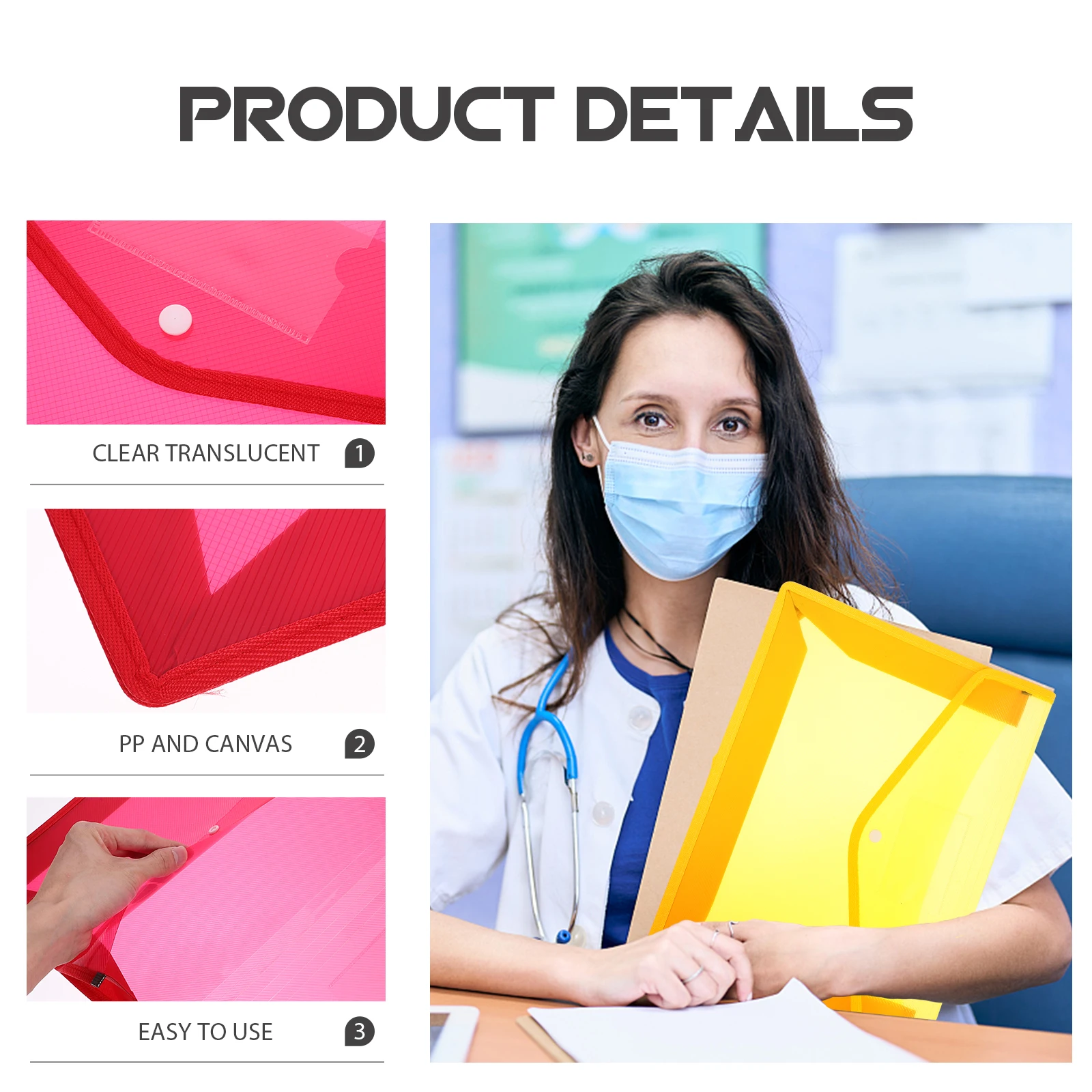 5pcs A4 Document Folders Clear Plastic Storage Bags Envelop Shape Snap Button Pen Link Socket Water