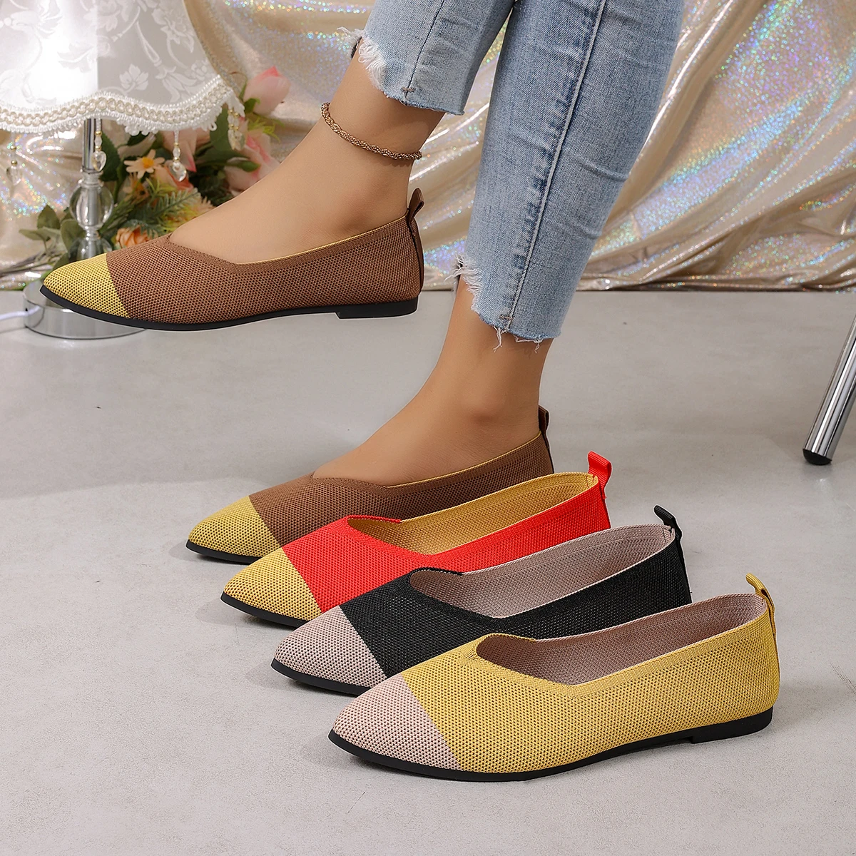 Autumn Women Mesh Breathable Pointed Toe Shoes Fashion Soft Bottom Knitted sneakers Color Mixing Casual Slip on Footwear Loafers